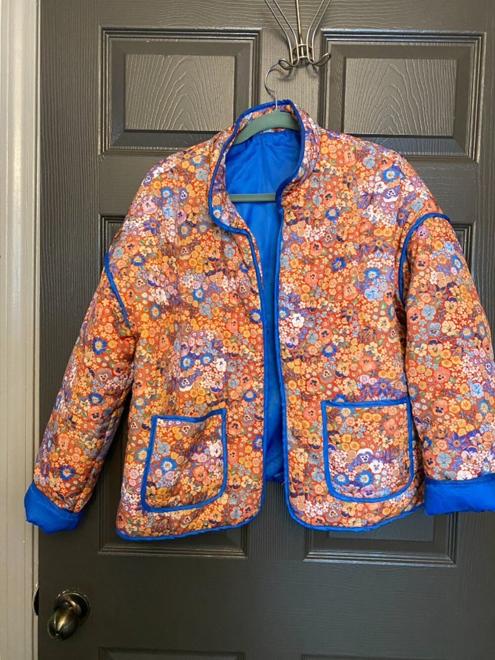 Womens Floral Quilted Jacket Medium Orange Blue Lightweight Puffer Coat Boho Poc - Picture 2 of 9